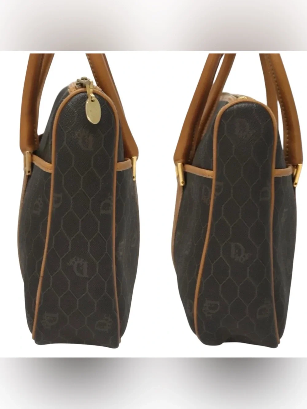 ✨🛍️ Christian Dior Vintage Black Honeycomb Coated Canvas & Brown Leather Handbag - Picture 3 of 8
